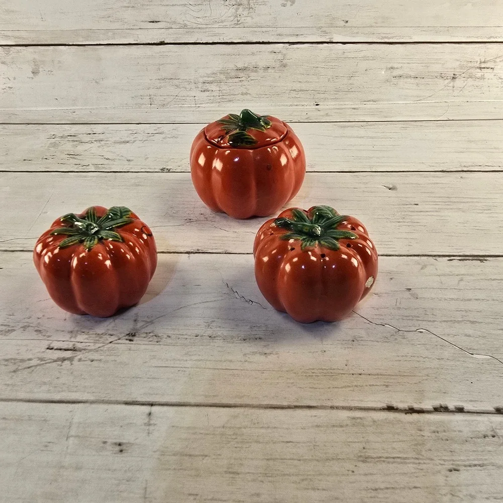 Vintage Ceramic Pumpkin Tomato Salt Pepper Shakers and Lidded Jam Pot Set Orange